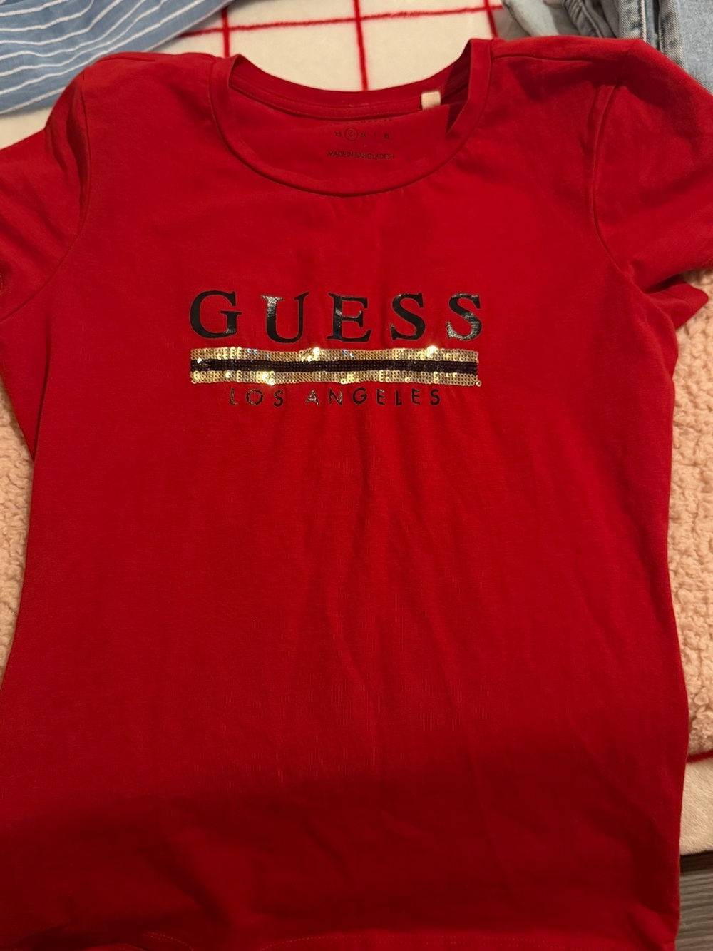 GUESS Red Short Sleeve Tee with Gold Sequin Accent